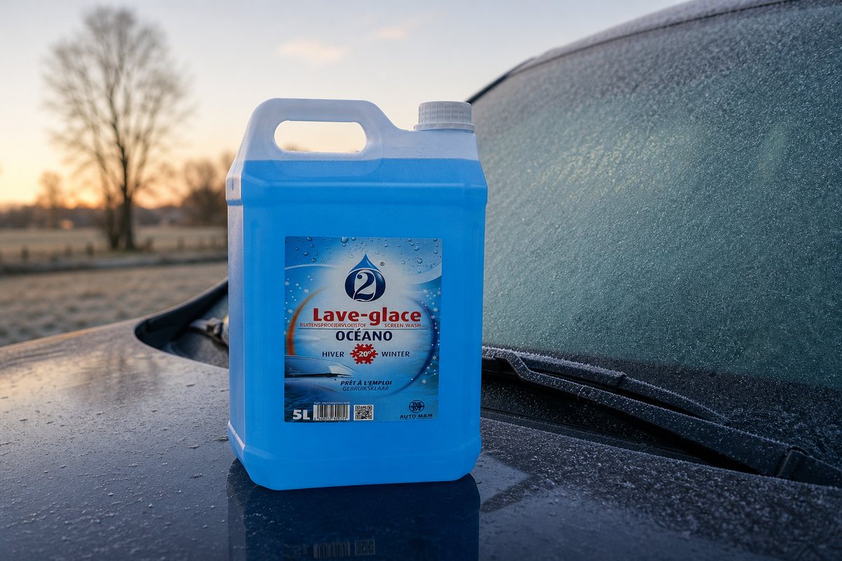 Bidon de lave-glace hiver Océano −20 °C sur le capot d'une voiture au pare-brise givré, matin d'hiver